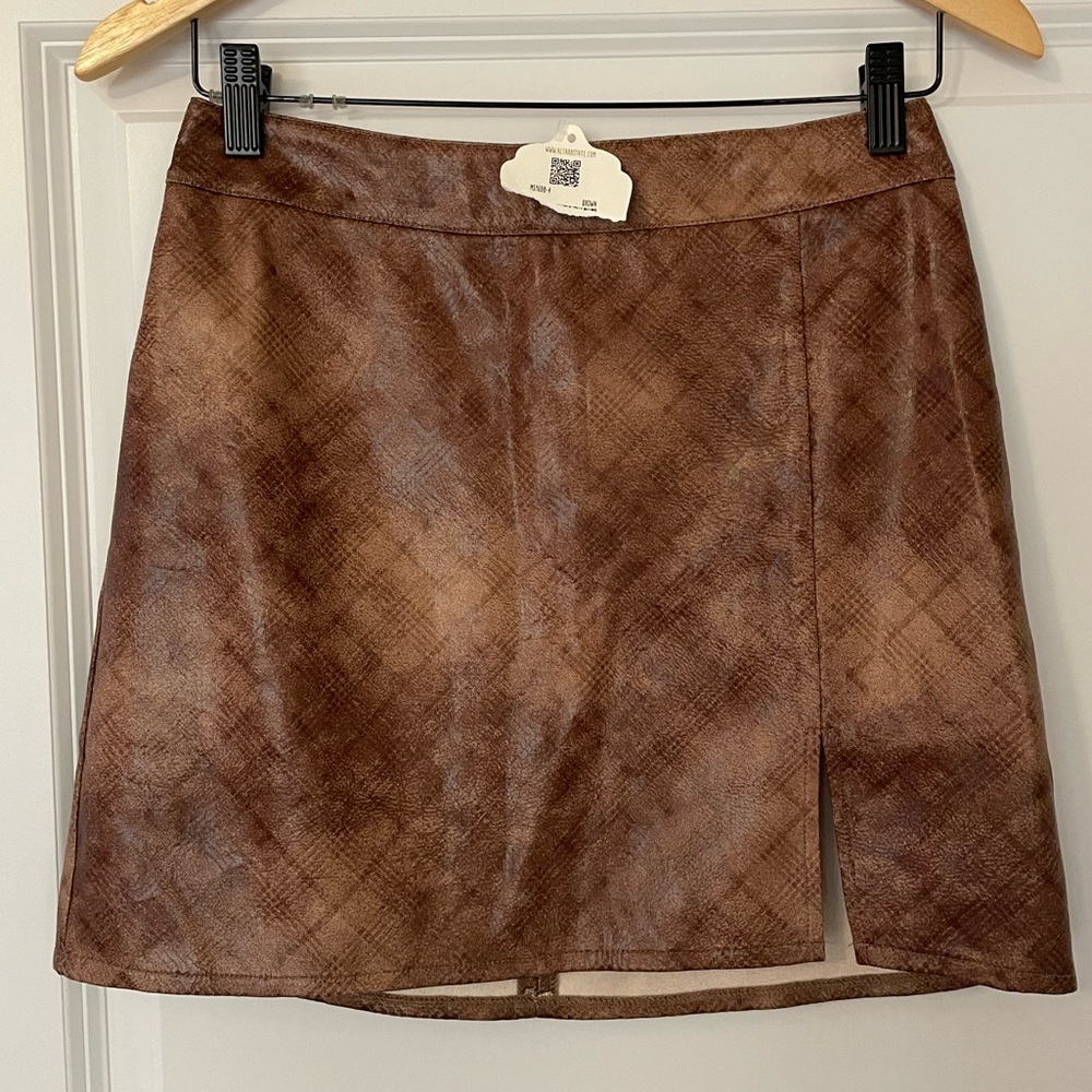NWT Altar’d State Faux Leather Brown Plaid Mini Skirt